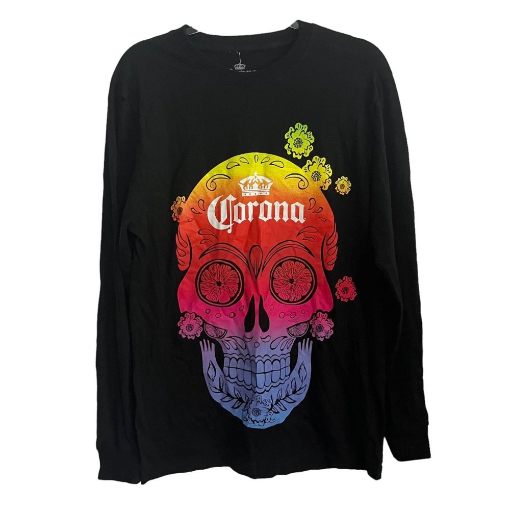NEW URBAN OUTFITTERS CORONA BEER T SHIRT UNISEX LARGE BLACK LONG SLEEVE RAINBOW - Picture 3 of 5